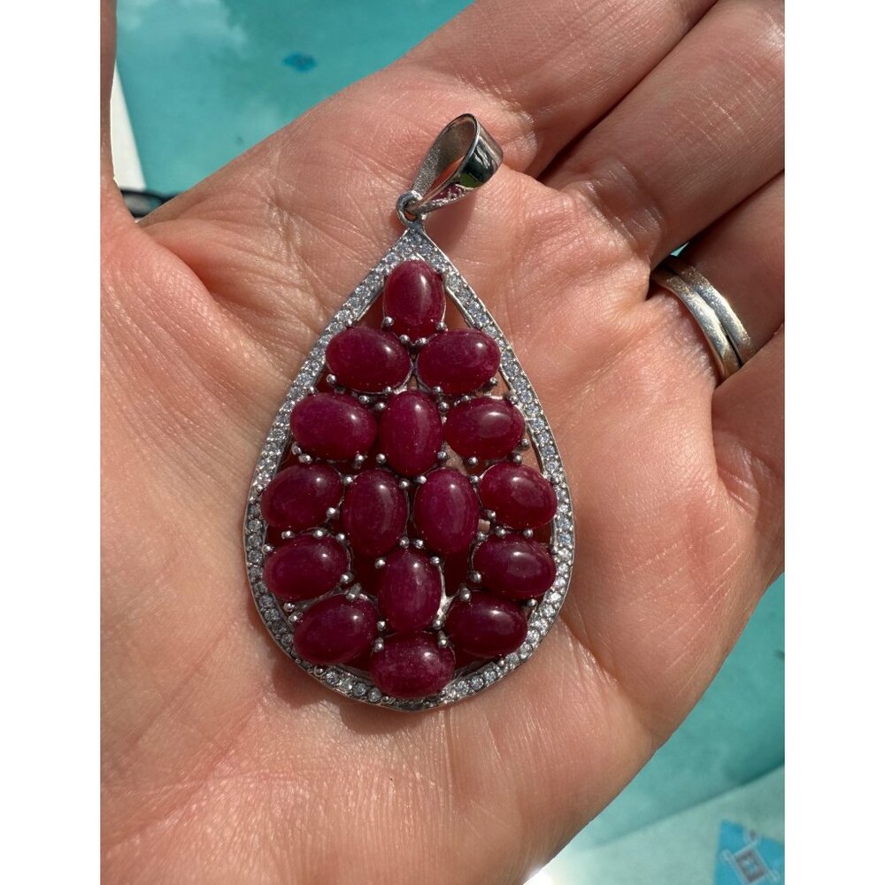Lg Artisian Sterling Silver Teardrop Ruby Cluster Pendant CZ  Accents Statement
